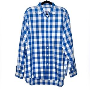 J. McLaughlin Men’s Blue And White Gingham Button Down Collared Shirt-Size Large